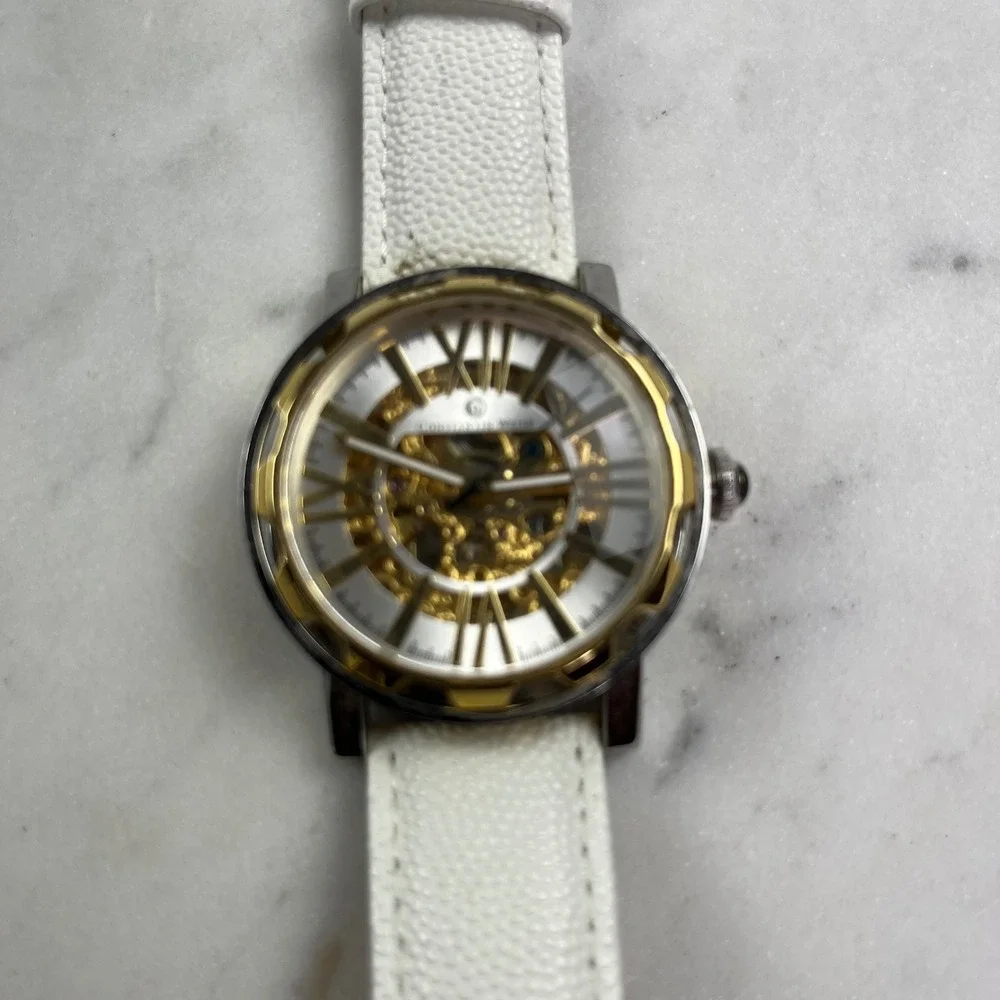 Constantin Weisz Skeleton Automatic Watch Men 42mm White Leather Gold Silver